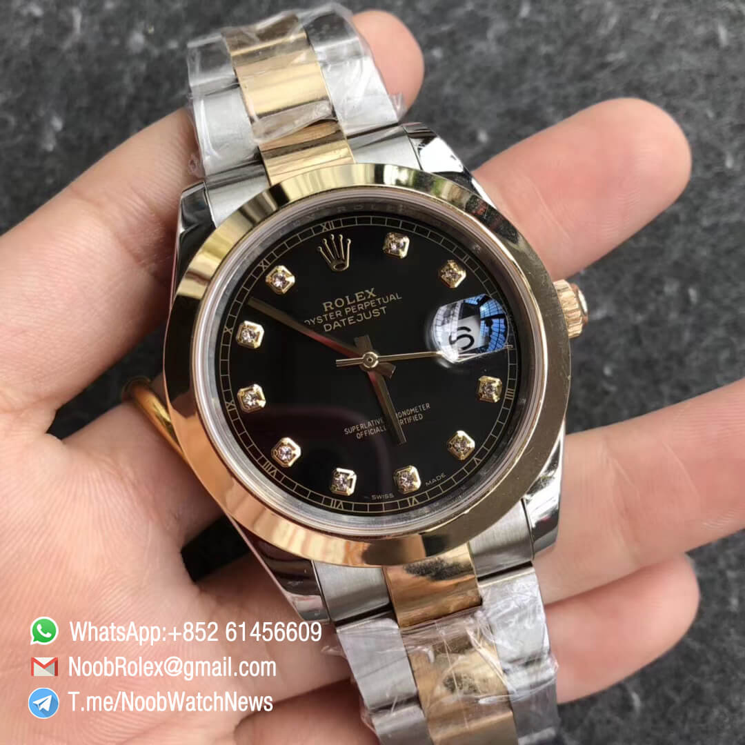 Noob Watch Time GMF Superclone DateJust 126303 41mm Black Dial with Diamonds 18K Yellow Gold Smooth Bezel Oystersteel and 18K Yellow Gold Bracelet SA3235 02