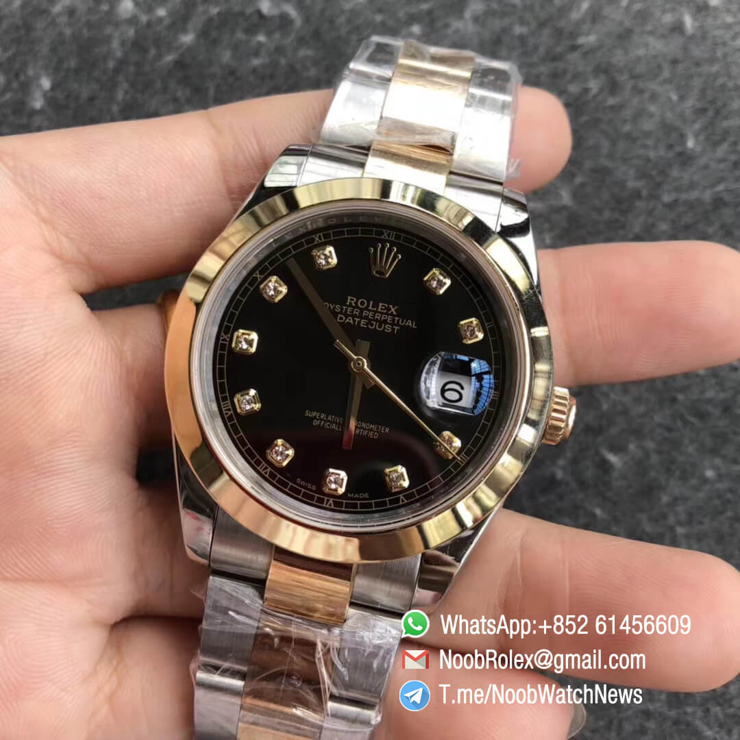 Noob Watch Time GMF Superclone DateJust 126303 41mm Black Dial with Diamonds 18K Yellow Gold Smooth Bezel Oystersteel and 18K Yellow Gold Bracelet SA3235 03