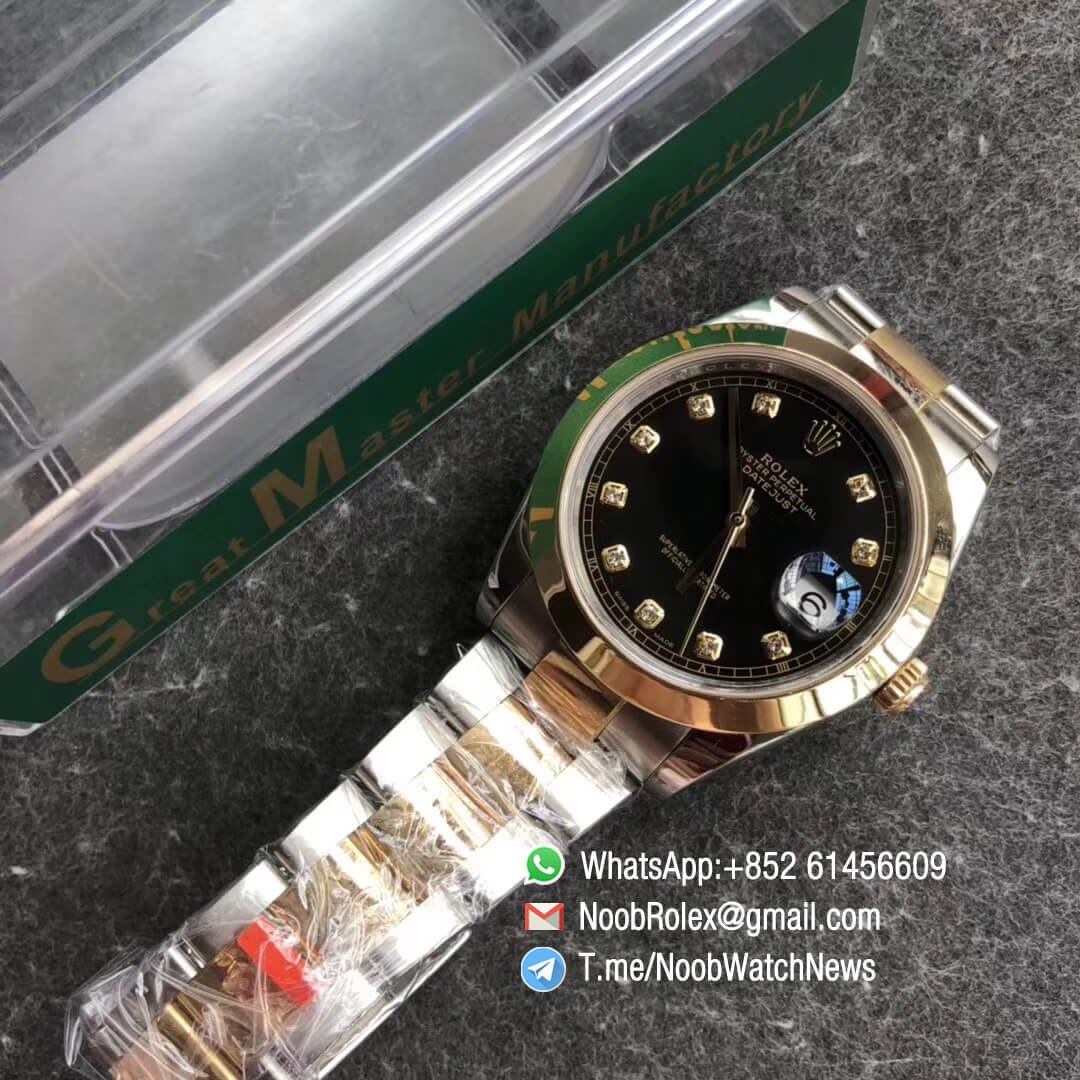 Noob Watch Time GMF Superclone DateJust 126303 41mm Black Dial with Diamonds 18K Yellow Gold Smooth Bezel Oystersteel and 18K Yellow Gold Bracelet SA3235 09