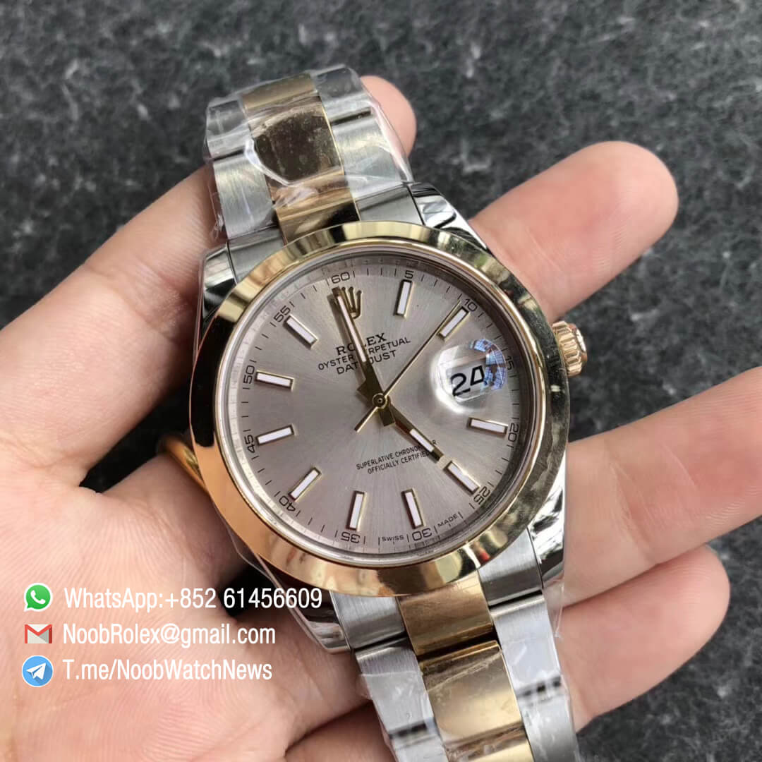 Noob Watch Time GMF Superclone DateJust 126303 41mm Silver Dial with Stick Markers 18K Yellow Gold Smooth Bezel Oystersteel and 18K Yellow Gold Bracelet SA3235 02