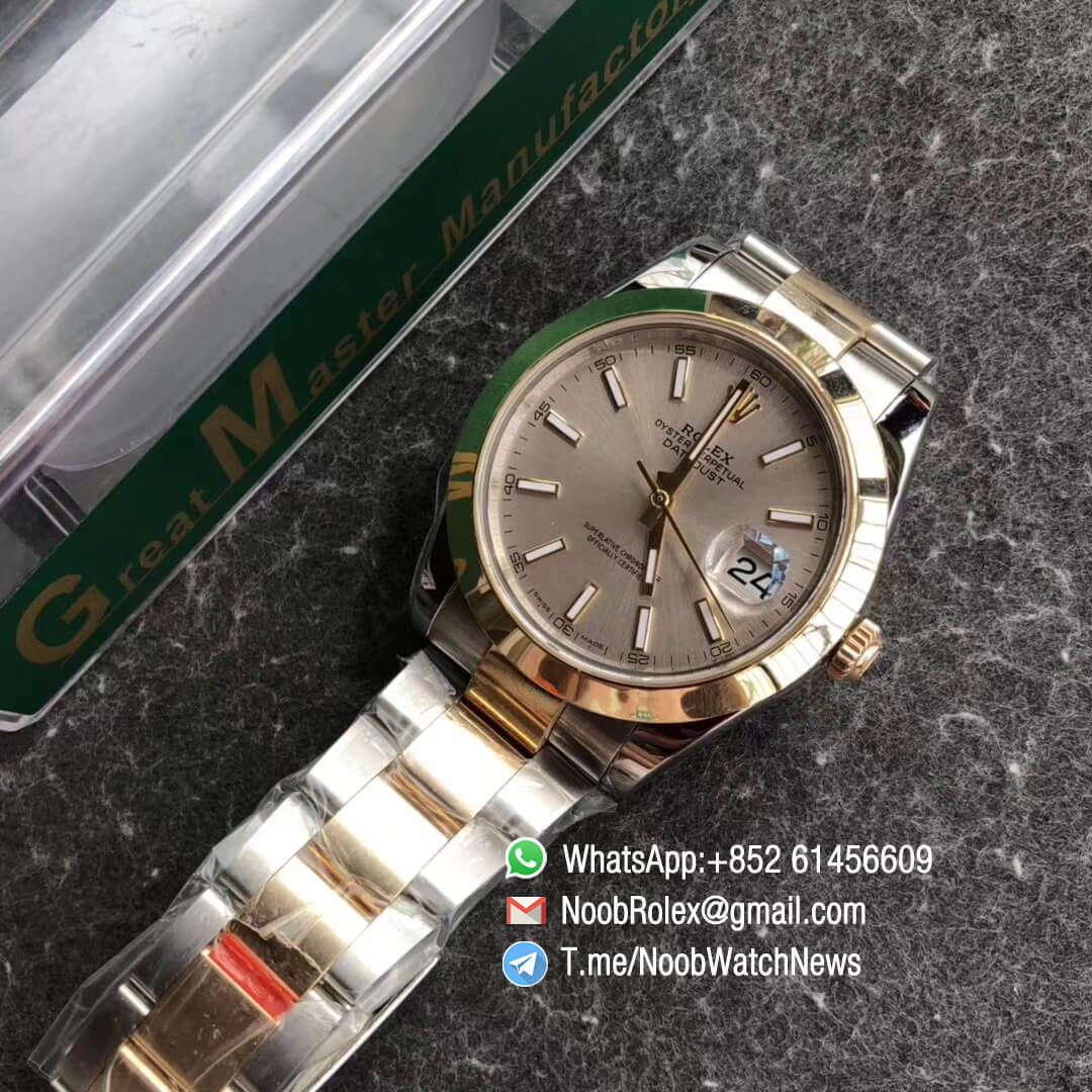 Noob Watch Time GMF Superclone DateJust 126303 41mm Silver Dial with Stick Markers 18K Yellow Gold Smooth Bezel Oystersteel and 18K Yellow Gold Bracelet SA3235 09