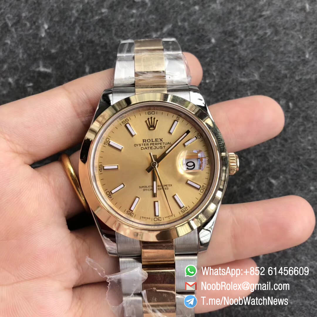 Noob Watch Time GMF Superclone DateJust 126303 41mm Yellow Gold Dial with Stick Markers 18K Yellow Gold Smooth Bezel Oystersteel and 18K Yellow Gold Bracelet SA3235 01