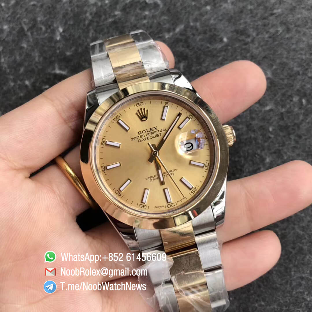 Noob Watch Time GMF Superclone DateJust 126303 41mm Yellow Gold Dial with Stick Markers 18K Yellow Gold Smooth Bezel Oystersteel and 18K Yellow Gold Bracelet SA3235 02
