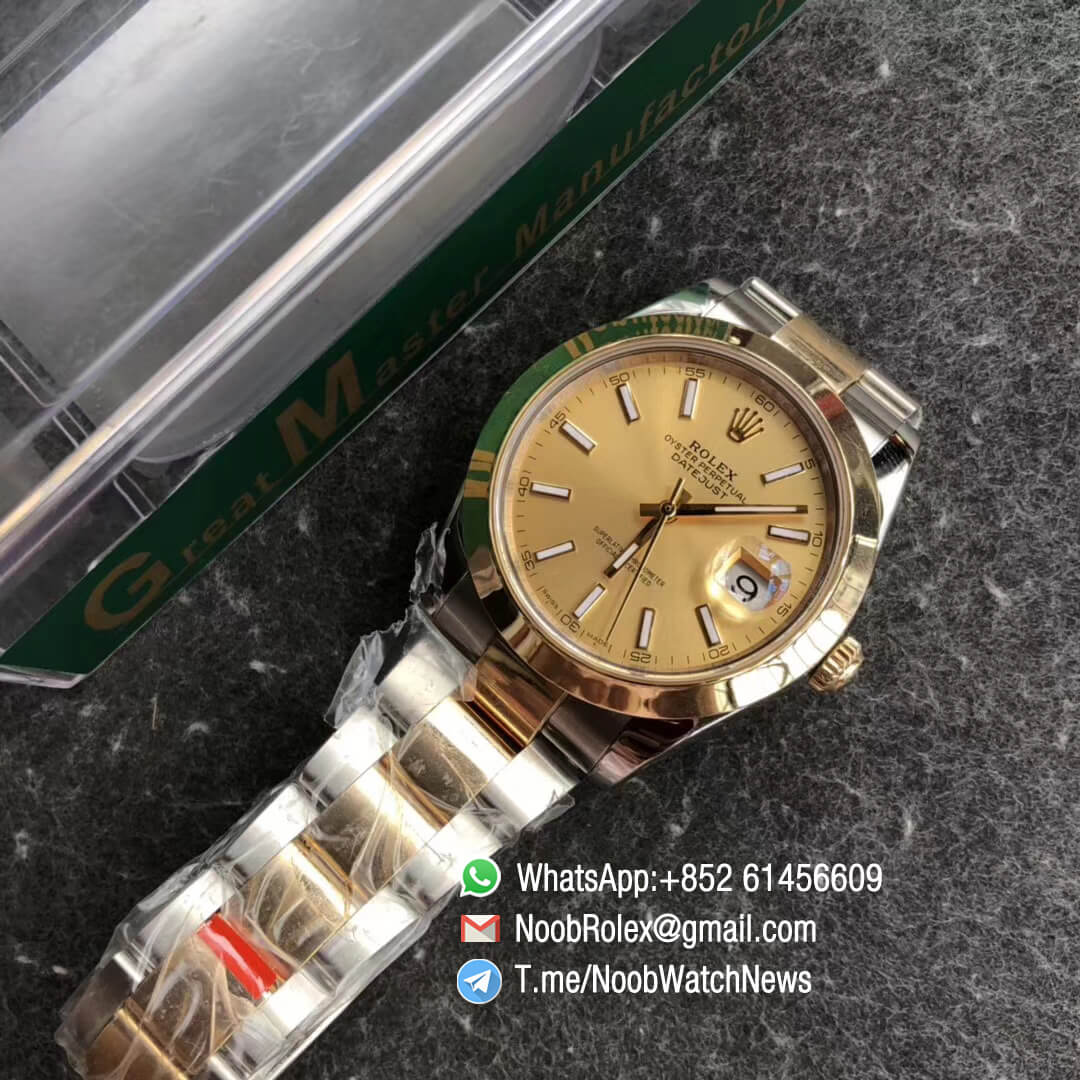 Noob Watch Time GMF Superclone DateJust 126303 41mm Yellow Gold Dial with Stick Markers 18K Yellow Gold Smooth Bezel Oystersteel and 18K Yellow Gold Bracelet SA3235 09