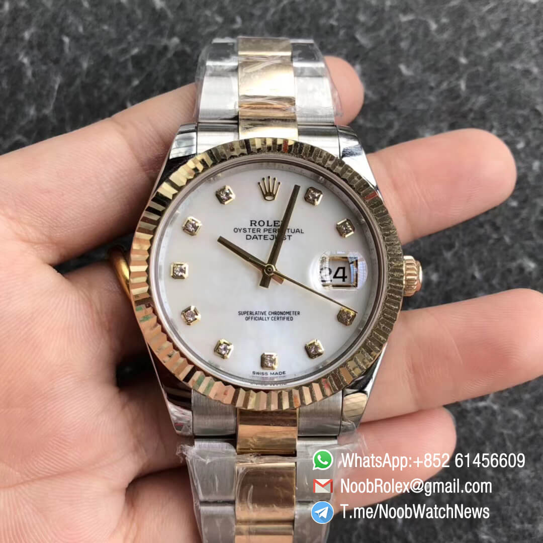 Noob Watch Time GMF Superclone DateJust 126333 41mm White MOP Dial with Diamonds 18K Yellow Gold Bezel Oystersteel and 18K Yellow Gold Bracelet SA3235 01