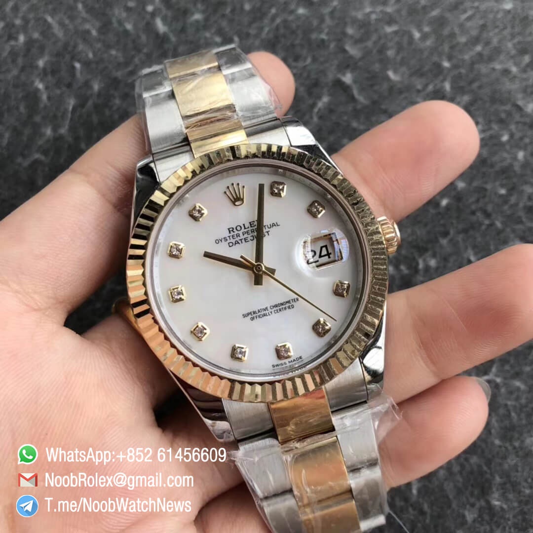 Noob Watch Time GMF Superclone DateJust 126333 41mm White MOP Dial with Diamonds 18K Yellow Gold Bezel Oystersteel and 18K Yellow Gold Bracelet SA3235 02