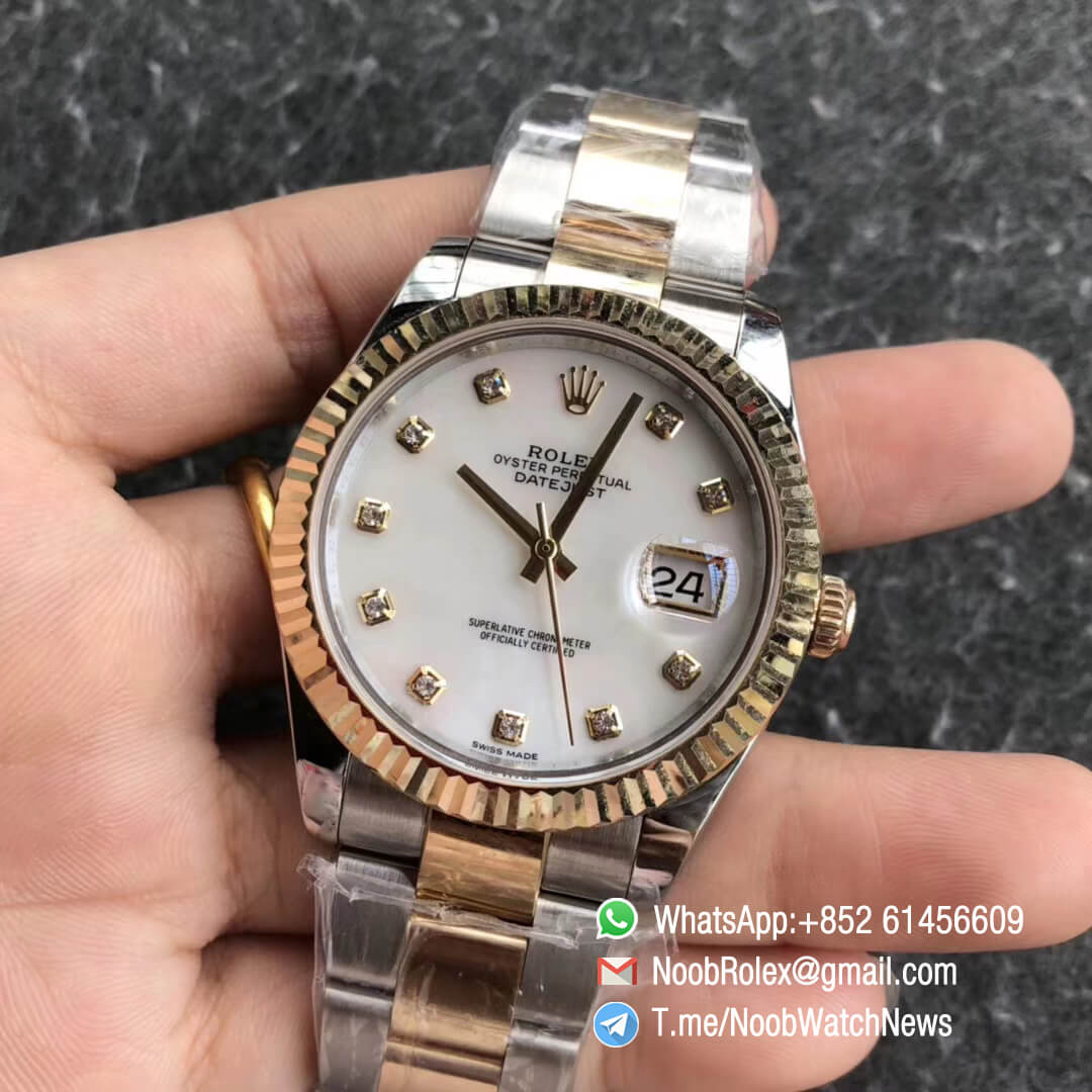 Noob Watch Time GMF Superclone DateJust 126333 41mm White MOP Dial with Diamonds 18K Yellow Gold Bezel Oystersteel and 18K Yellow Gold Bracelet SA3235 03