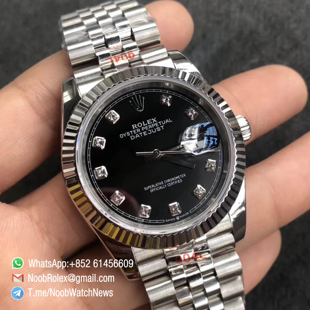 Noob Watches DateJust 126234 36 904L Steel Jubilee Bracelet Black Dial with Diamonds Crown logo on the dial at 6 oclock SA3235 GMF Superclone 02