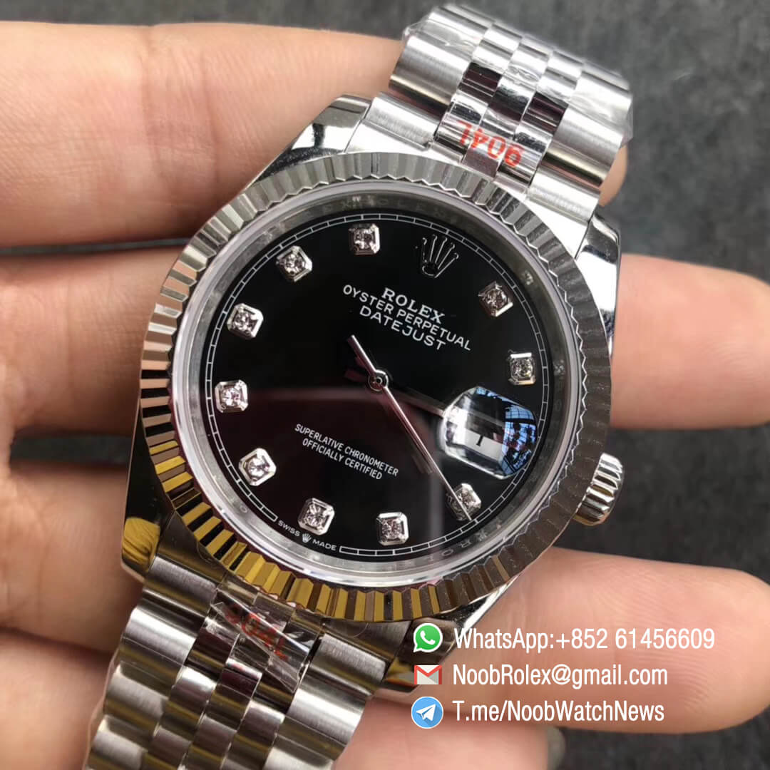 Noob Watches DateJust 126234 36 904L Steel Jubilee Bracelet Black Dial with Diamonds Crown logo on the dial at 6 oclock SA3235 GMF Superclone 03