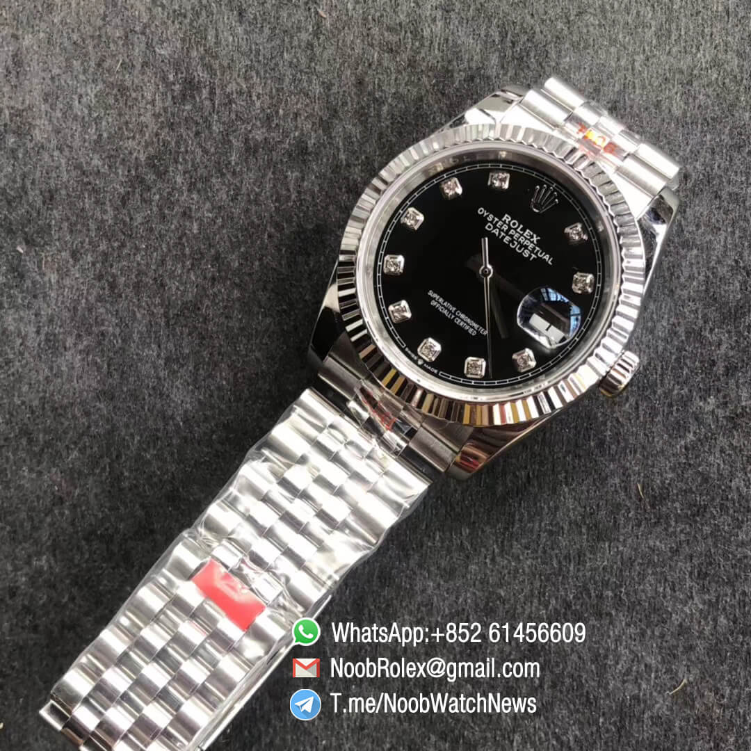 Noob Watches DateJust 126234 36 904L Steel Jubilee Bracelet Black Dial with Diamonds Crown logo on the dial at 6 oclock SA3235 GMF Superclone 04