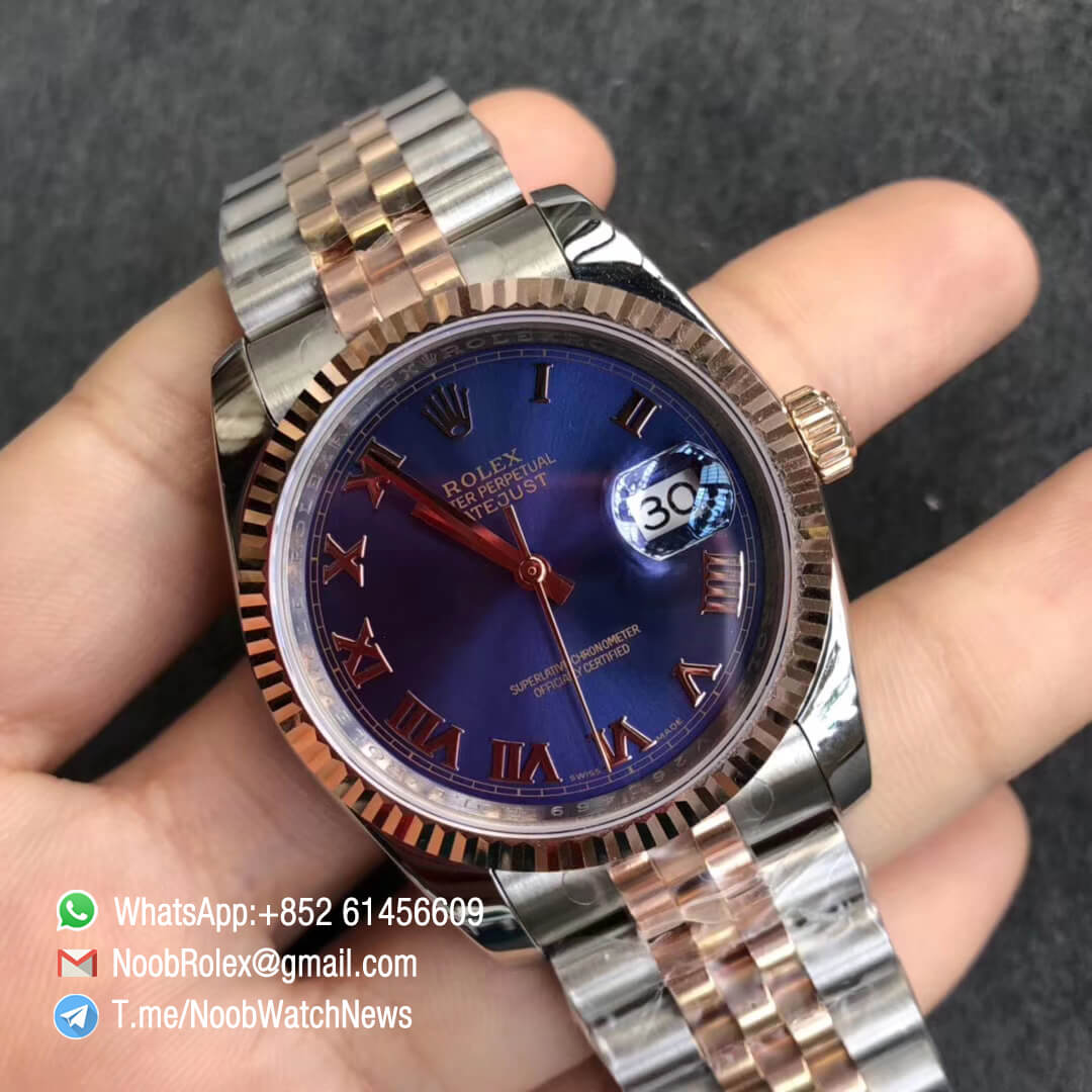 Noob Watches DateJust 36 126233 Two Tone 904L Steel 14K Rose Gold Wrapped Jubilee Bracelet Blue Dial Roma Index SA3235 GMF Replica Rolexes 02