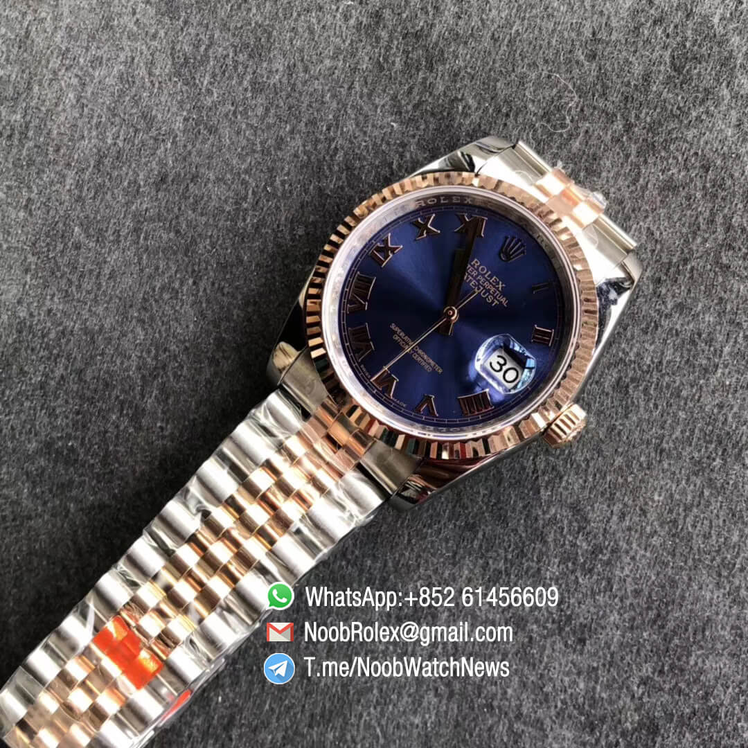 Noob Watches DateJust 36 126233 Two Tone 904L Steel 14K Rose Gold Wrapped Jubilee Bracelet Blue Dial Roma Index SA3235 GMF Replica Rolexes 04