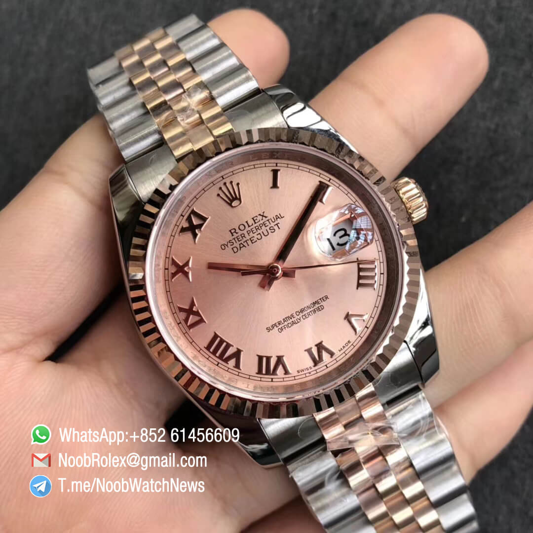 Noob Watches DateJust 36 126233 Two Tone 904L Steel 14K Rose Gold Wrapped Jubilee Bracelet Pink Dial Roma Index SA3235 GMF Best Quality 02