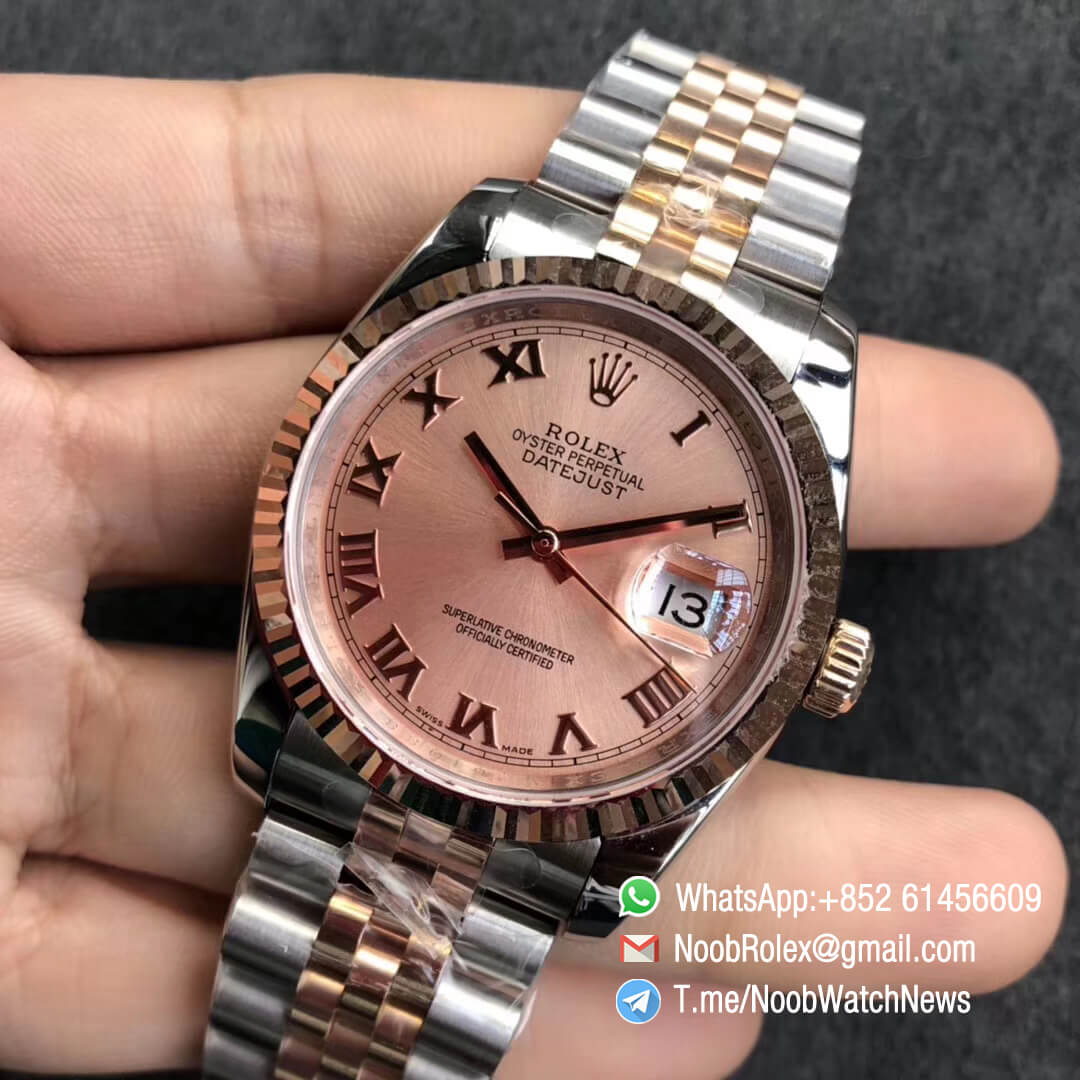 Noob Watches DateJust 36 126233 Two Tone 904L Steel 14K Rose Gold Wrapped Jubilee Bracelet Pink Dial Roma Index SA3235 GMF Best Quality 03
