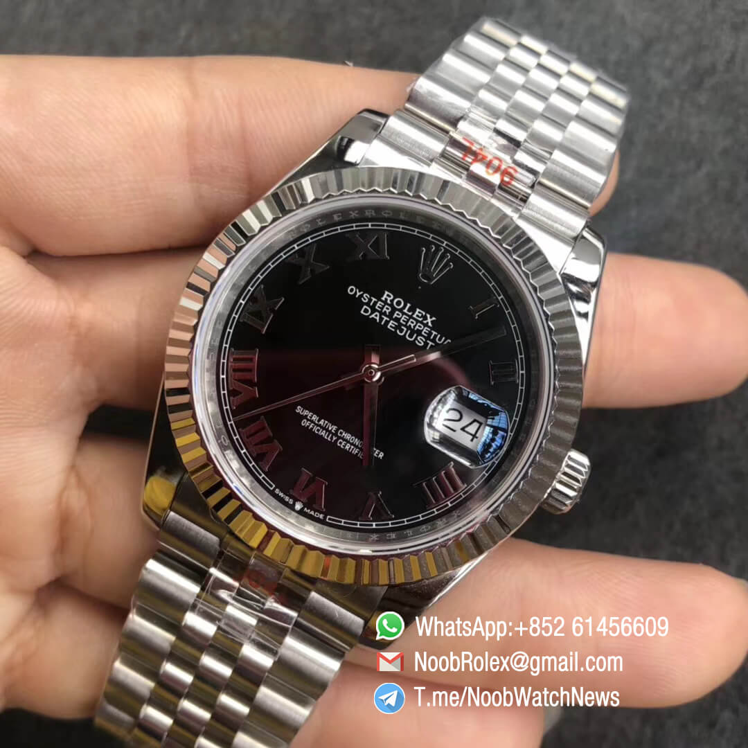 Noob Watches DateJust 36mm 116234 904L Steel Jubilee Bracelet Black Dial with Roman Indexes Crown logo on the Dial at 6 oclock SA3235 GMF Superclone 03