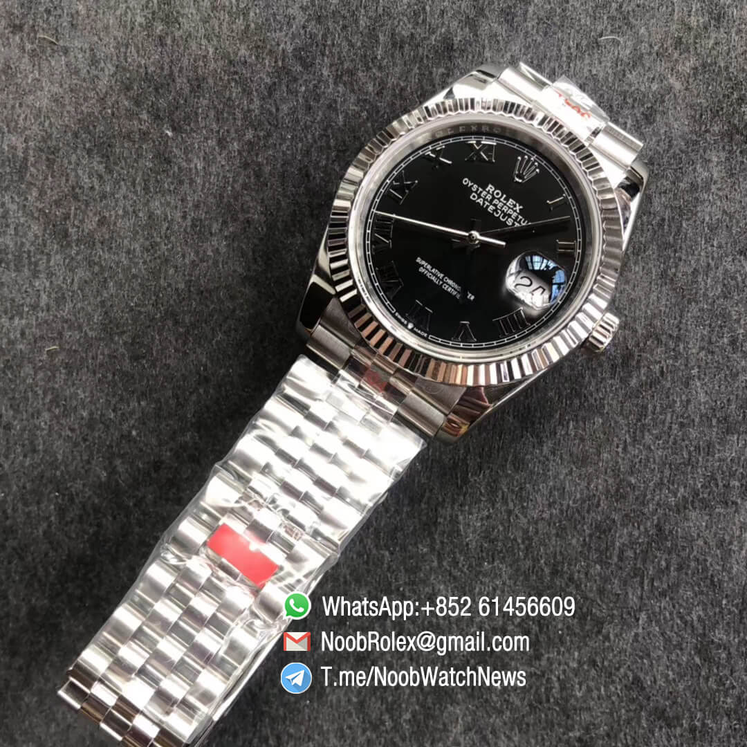 Noob Watches DateJust 36mm 116234 904L Steel Jubilee Bracelet Black Dial with Roman Indexes Crown logo on the Dial at 6 oclock SA3235 GMF Superclone 09