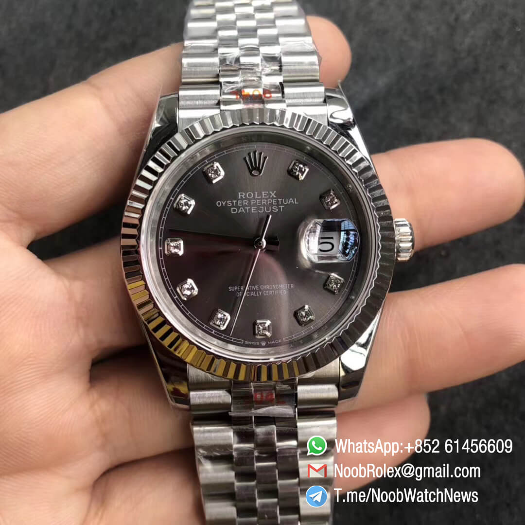 Noob Watches Rolex DateJust 126234 36mm 904L Steel Jubilee Bracelet Grey Dial with Diamonds Crown Logo on the Dial at 6 oclock SA3235 GMF Best Quality 01