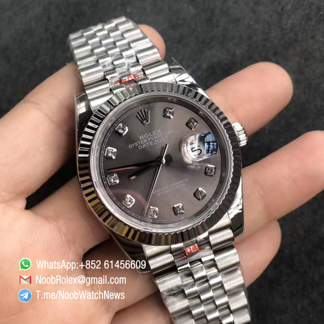 Noob Watches Rolex DateJust 126234 36mm 904L Steel Jubilee Bracelet Grey Dial with Diamonds Crown Logo on the Dial at 6 oclock SA3235 GMF Best Quality 02