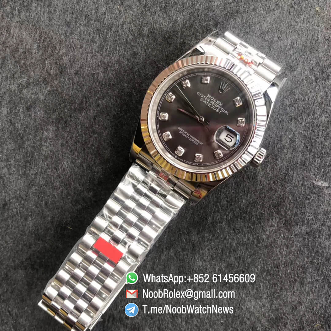 Noob Watches Rolex DateJust 126234 36mm 904L Steel Jubilee Bracelet Grey Dial with Diamonds Crown Logo on the Dial at 6 oclock SA3235 GMF Best Quality 04