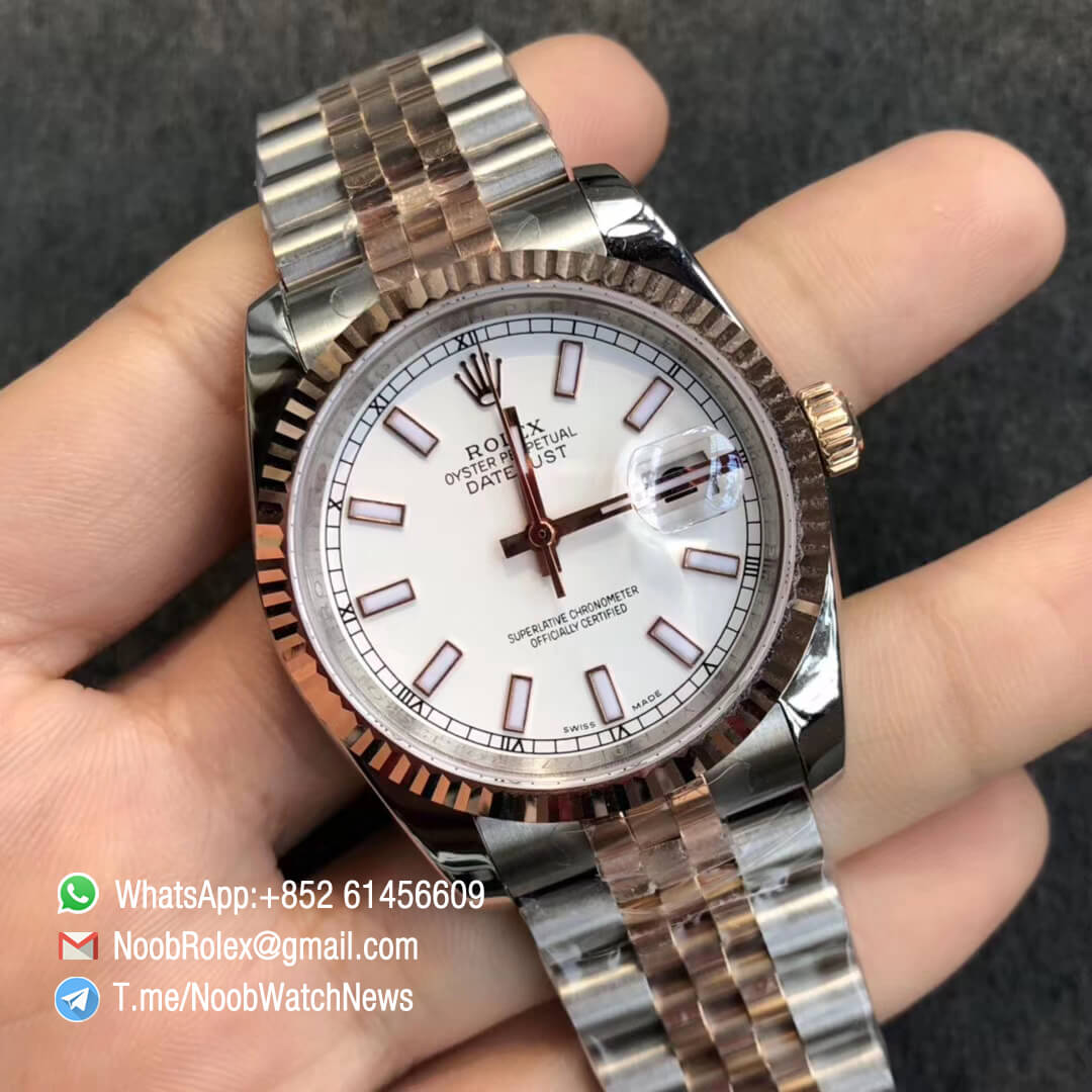 Noob Watches Rolex DateJust 36 126233 Two Tone 904L Steel 14K Rose Gold Wrapped White Dial Stick Markers on Jubilee Bracelet SA3235 GMF Superclone 02