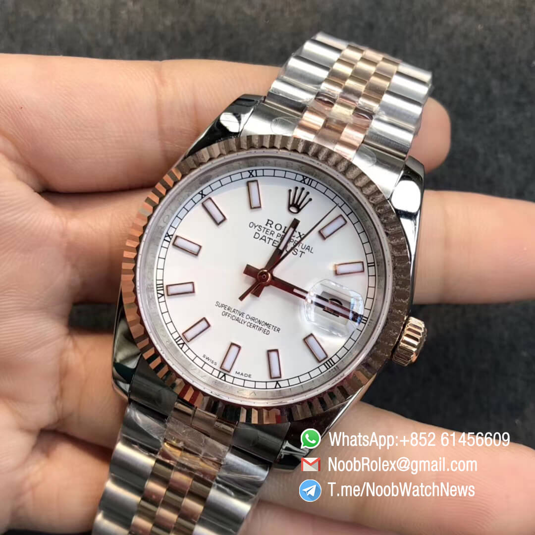 Noob Watches Rolex DateJust 36 126233 Two Tone 904L Steel 14K Rose Gold Wrapped White Dial Stick Markers on Jubilee Bracelet SA3235 GMF Superclone 03