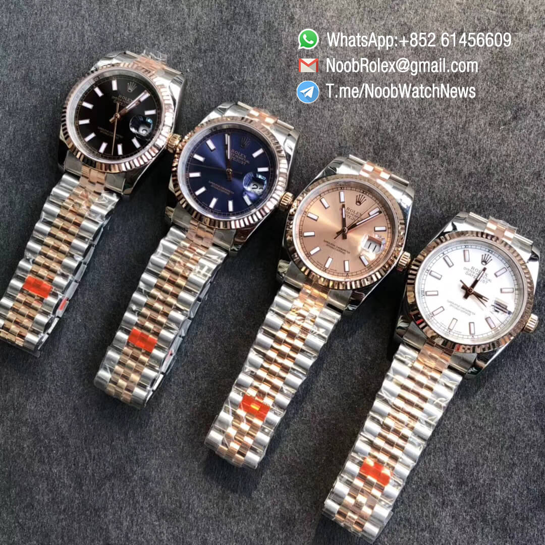 Noob Watches Rolex DateJust 36 126233 Two Tone 904L Steel 14K Rose Gold Wrapped White Dial Stick Markers on Jubilee Bracelet SA3235 GMF Superclone 11