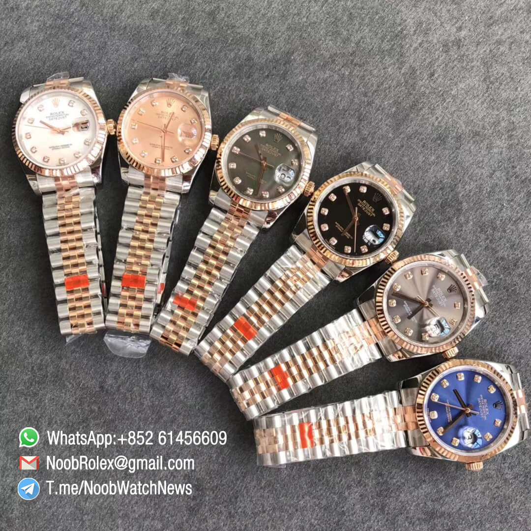Noob Watches Rolex DateJust 36 126233 Two Tone 904L Steel 14K Rose Gold Wrapped White Dial Stick Markers on Jubilee Bracelet SA3235 GMF Superclone 13