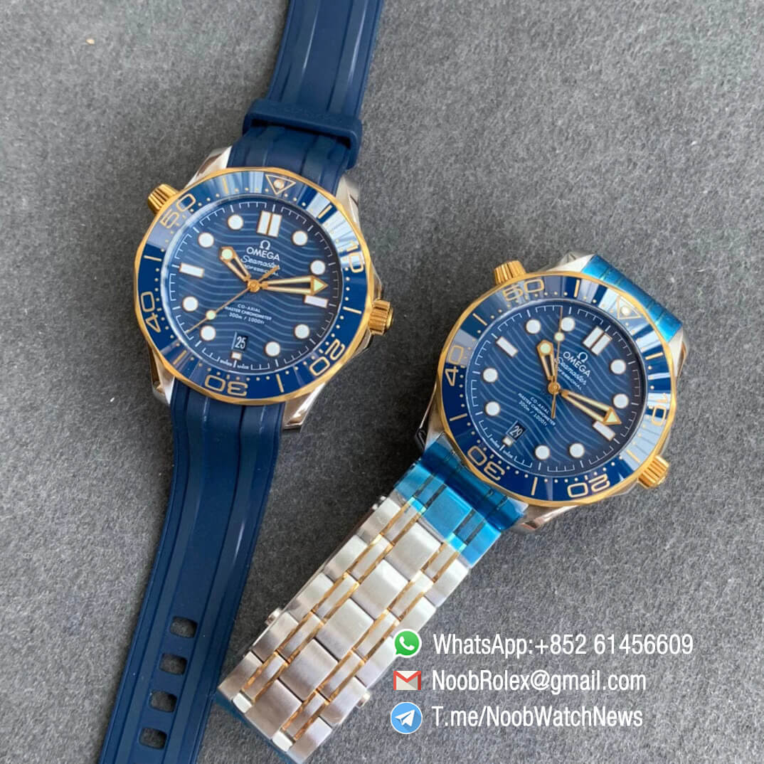 Omega Seamaster Diver 300M Steel Case Blue Wave Texture Dial 18k Yellow Gold Plated Bezel Blue Rubber Strap VSF Best Edition A8800 11
