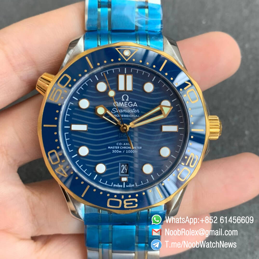 Omega Seamaster Diver 300M Steel Case Blue Wave Texture Dial Two Tone Steel Yellow Gold Plated Blue Ceramic Bezel VSF Best Edition A8800 01