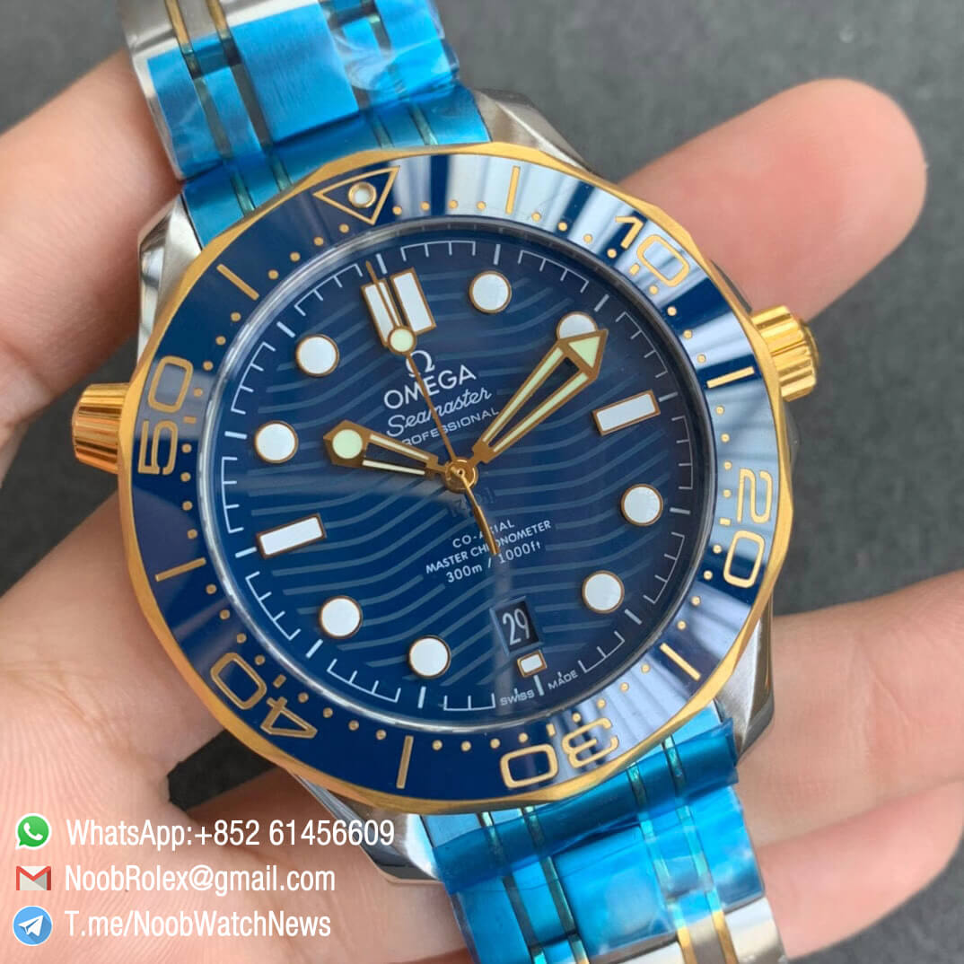 Omega Seamaster Diver 300M Steel Case Blue Wave Texture Dial Two Tone Steel Yellow Gold Plated Blue Ceramic Bezel VSF Best Edition A8800 02