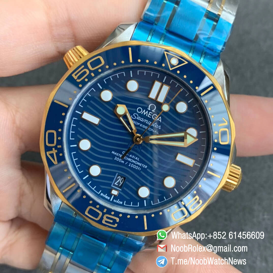 Omega Seamaster Diver 300M Steel Case Blue Wave Texture Dial Two Tone Steel Yellow Gold Plated Blue Ceramic Bezel VSF Best Edition A8800 03