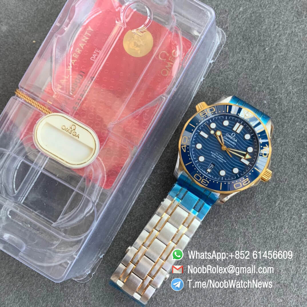 Omega Seamaster Diver 300M Steel Case Blue Wave Texture Dial Two Tone Steel Yellow Gold Plated Blue Ceramic Bezel VSF Best Edition A8800 09