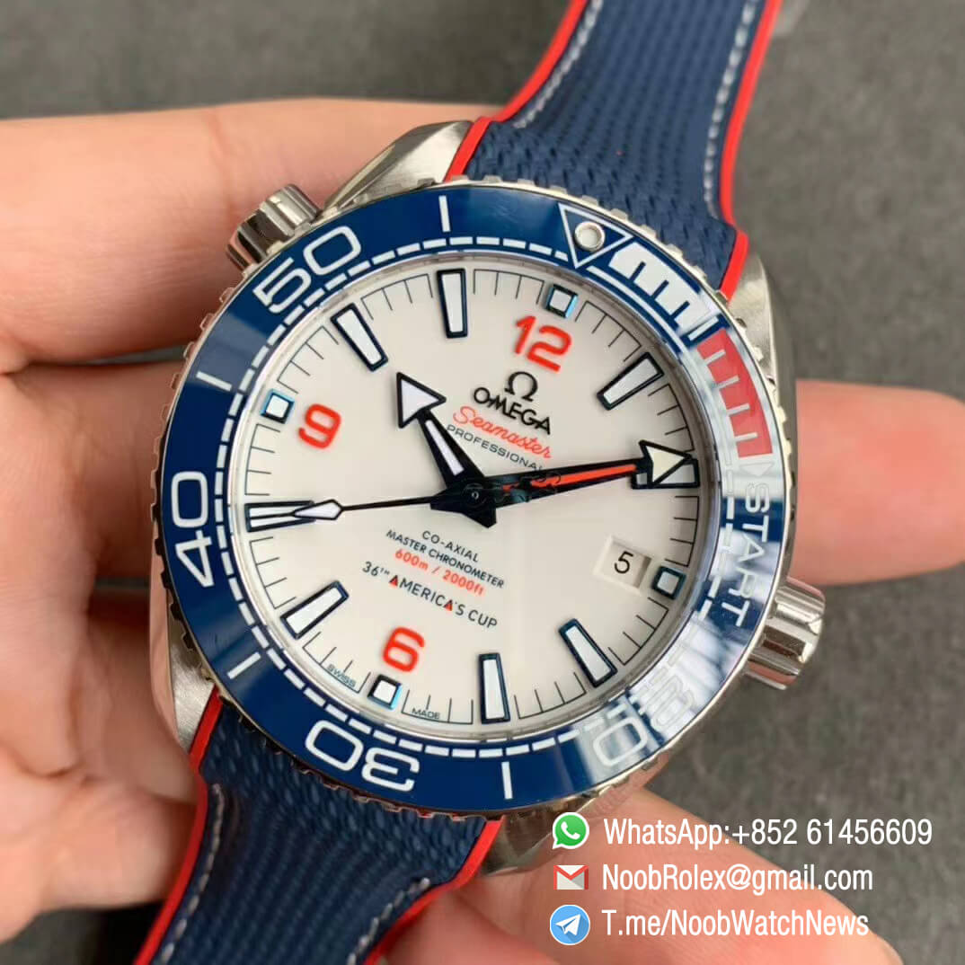 Omega Seamaster Planet Ocean 2021 Americas Cup Steel Case White Dial on Blue Nylon Strap A8900 Super Clone VSF Best Edition 03