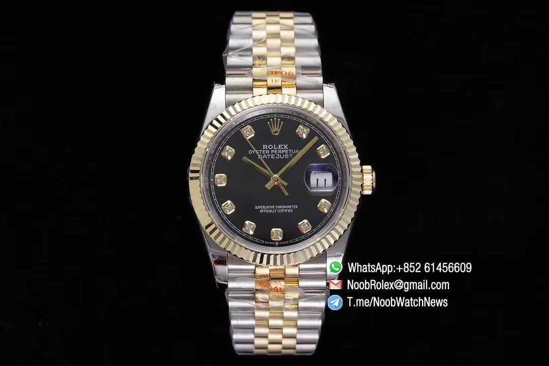 Superclone Datejust 36 Black Dial Diamond Markers Two Tone 14K Yellow Gold Wrapped Jubilee Bracelet Bezel SA3235 GMF High Quality 01