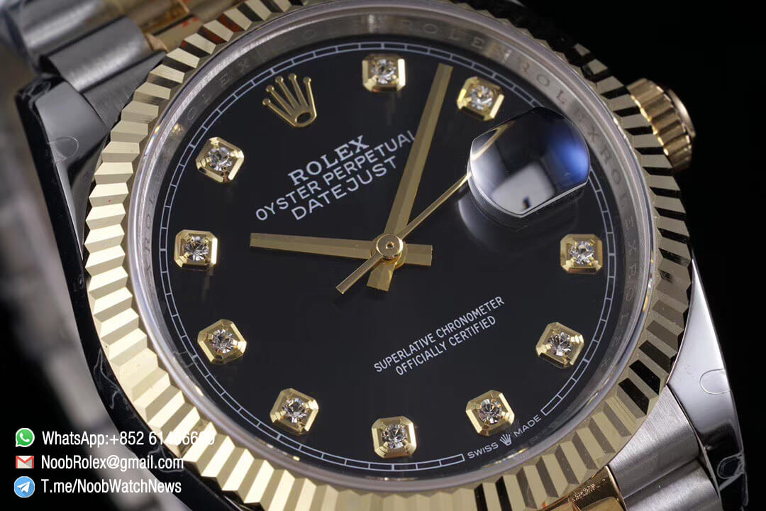 Superclone Datejust 36 Black Dial Diamond Markers Two Tone 14K Yellow Gold Wrapped Jubilee Bracelet Bezel SA3235 GMF High Quality 02