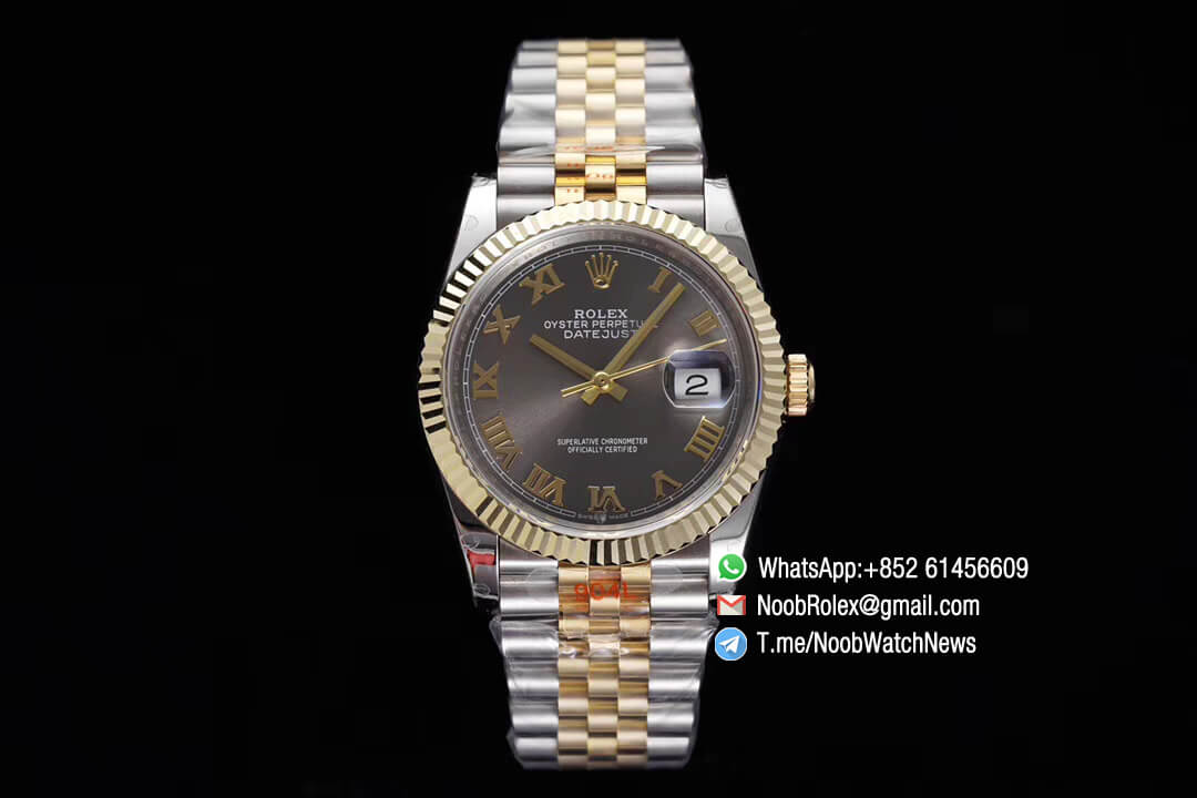 Superclone Datejust 36 Grey Dial Roma Markers Two Tone 14K Yellow Gold Wrapped Jubilee Bracelet Bezel SA3235 GMF High Quality 02