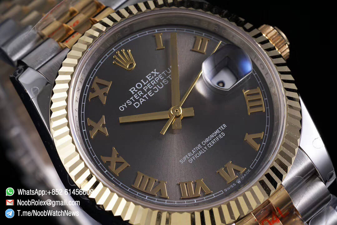 Superclone Datejust 36 Grey Dial Roma Markers Two Tone 14K Yellow Gold Wrapped Jubilee Bracelet Bezel SA3235 GMF High Quality 03