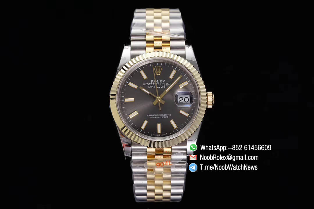 Superclone Datejust 36 Grey Dial Superlume Stick Markers Two Tone 14K Yellow Gold Wrapped Jubilee Bracelet Bezel SA3235 GMF High Quality 01