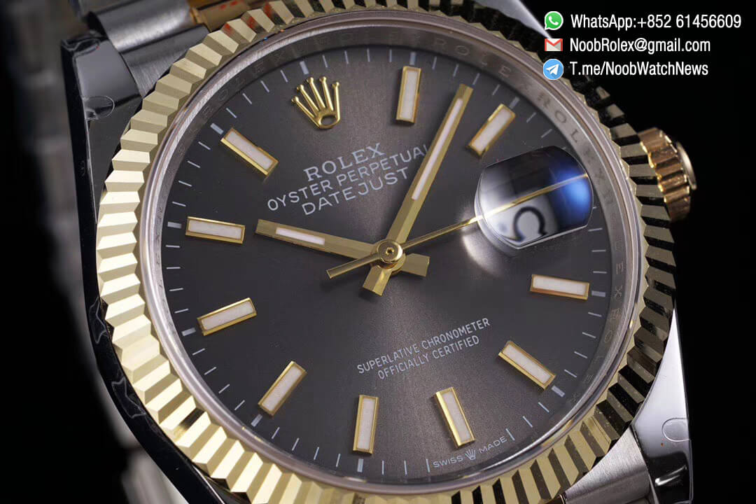 Superclone Datejust 36 Grey Dial Superlume Stick Markers Two Tone 14K Yellow Gold Wrapped Jubilee Bracelet Bezel SA3235 GMF High Quality 02