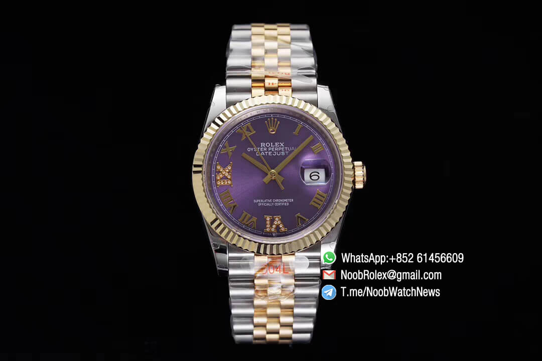 Superclone Datejust 36 Purple Dial 6 9 Diamonds Roma Markers Two Tone 14K Yellow Gold Wrapped Jubilee Bracelet Bezel SA3235 GMF High Quality 01