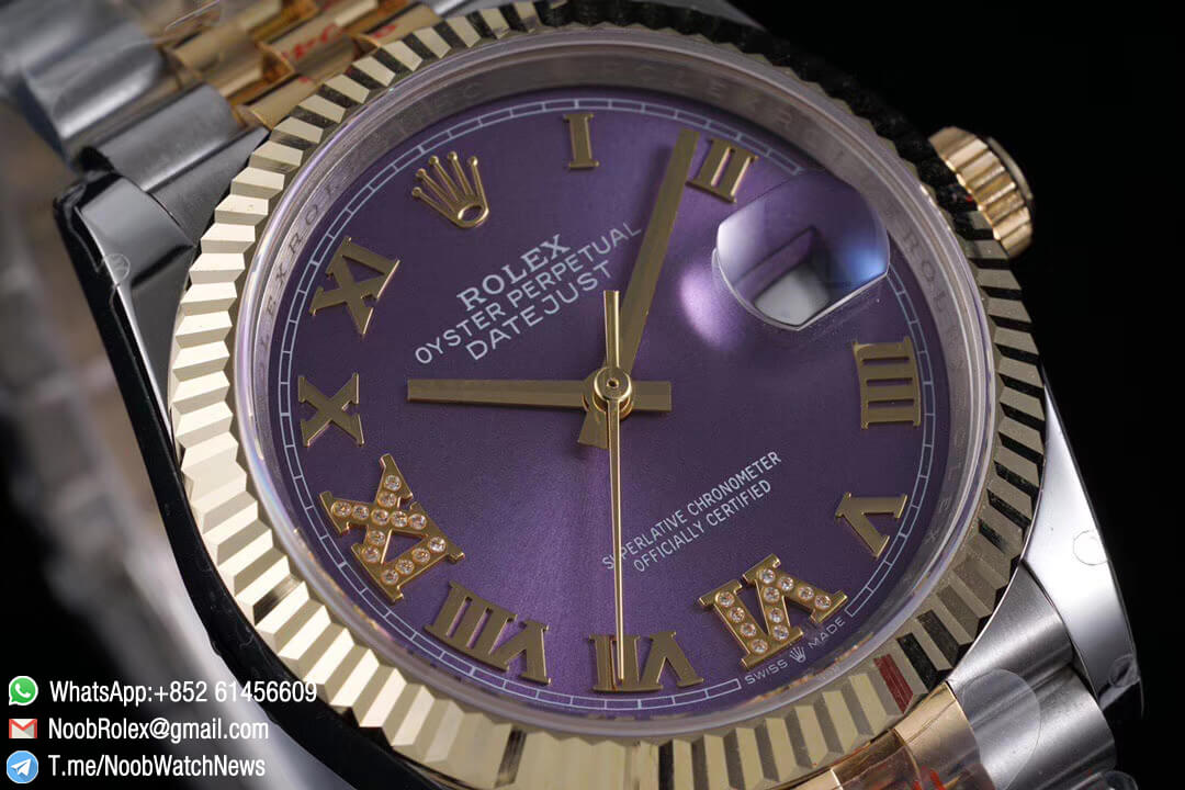 Superclone Datejust 36 Purple Dial 6 9 Diamonds Roma Markers Two Tone 14K Yellow Gold Wrapped Jubilee Bracelet Bezel SA3235 GMF High Quality 02