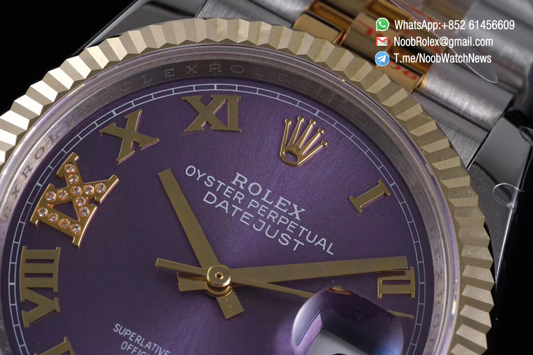 Superclone Datejust 36 Purple Dial 6 9 Diamonds Roma Markers Two Tone 14K Yellow Gold Wrapped Jubilee Bracelet Bezel SA3235 GMF High Quality 03