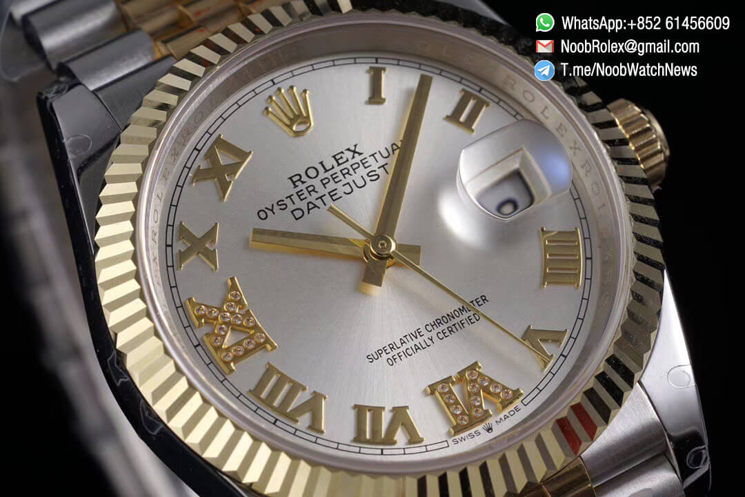 Superclone Datejust 36 Silver Dial 6 9 Diamonds Roma Markers Two Tone 14K Yellow Gold Wrapped Jubilee Bracelet Bezel SA3235 GMF High Quality 02