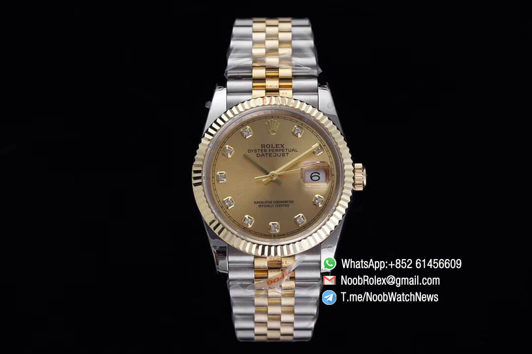 Superclone Datejust 36 Two Tone 14K Yellow Gold Wrapped Case Gold Dial with Diamond Markers SA3235 Movement Jubilee Bracelet GMF High Quality 01