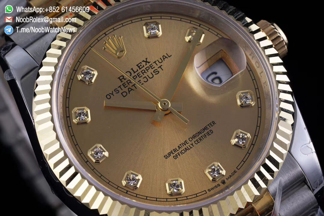 Superclone Datejust 36 Two Tone 14K Yellow Gold Wrapped Case Gold Dial with Diamond Markers SA3235 Movement Jubilee Bracelet GMF High Quality 03