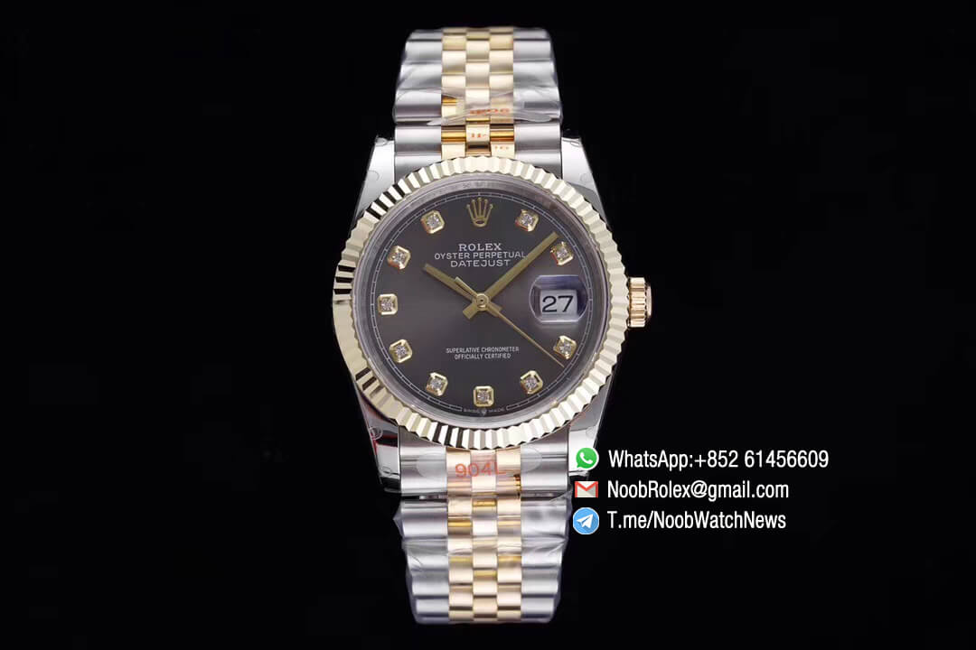 Superclone Datejust 36 Two Tone 14K Yellow Gold Wrapped Grey Dial with Diamond Indexes SA3235 Movement Jubilee Bracelet GMF Top Quality 01