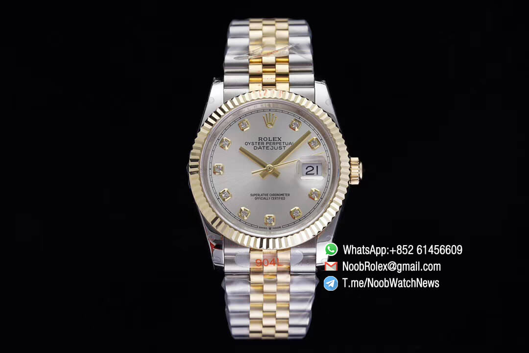 Superclone Datejust 36 Two Tone 14K Yellow Gold Wrapped Silver Dial with Diamond Indexes SA3235 Movement Jubilee Bracelet GMF Best Repwatch 02