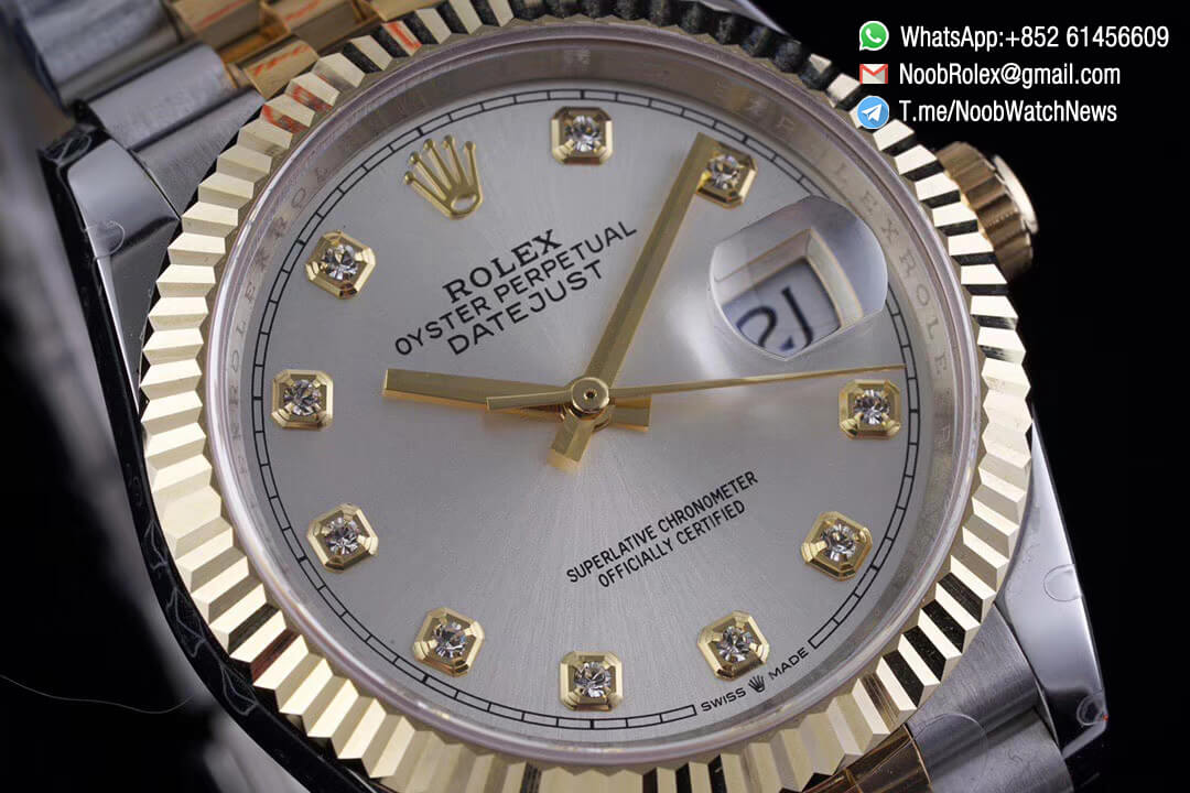 Superclone Datejust 36 Two Tone 14K Yellow Gold Wrapped Silver Dial with Diamond Indexes SA3235 Movement Jubilee Bracelet GMF Best Repwatch 03