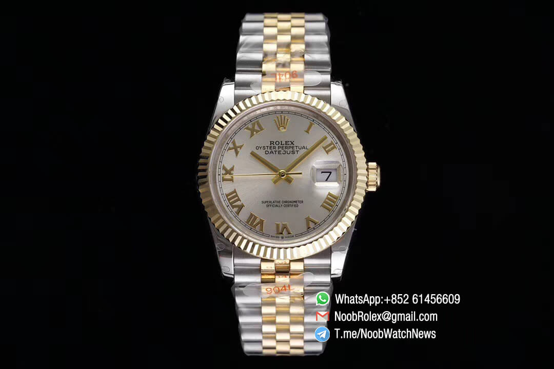 Superclone Datejust 36 Two Tone 14K Yellow Gold Wrapped Silver Dial with Roma Indexes SA3235 Movement Jubilee Bracelet GMF High Quality 02
