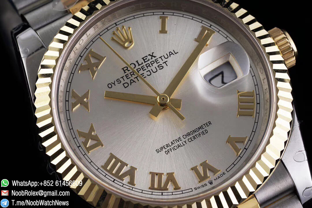 Superclone Datejust 36 Two Tone 14K Yellow Gold Wrapped Silver Dial with Roma Indexes SA3235 Movement Jubilee Bracelet GMF High Quality 03